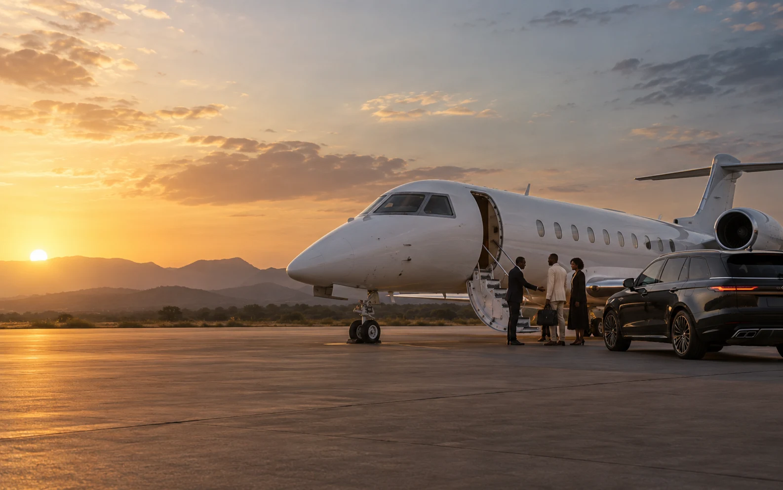 Illustrative private aircraft at sunset; specialist arrangements are subject to provider confirmation