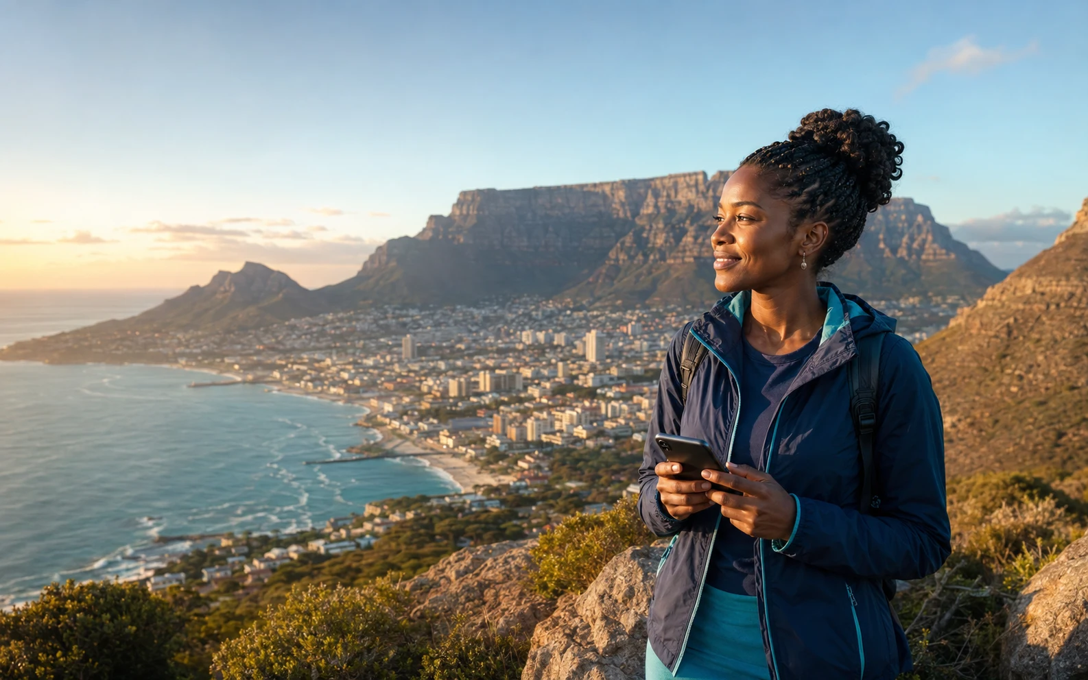 Illustrative traveller taking in the Cape Town coastline and Table Mountain
